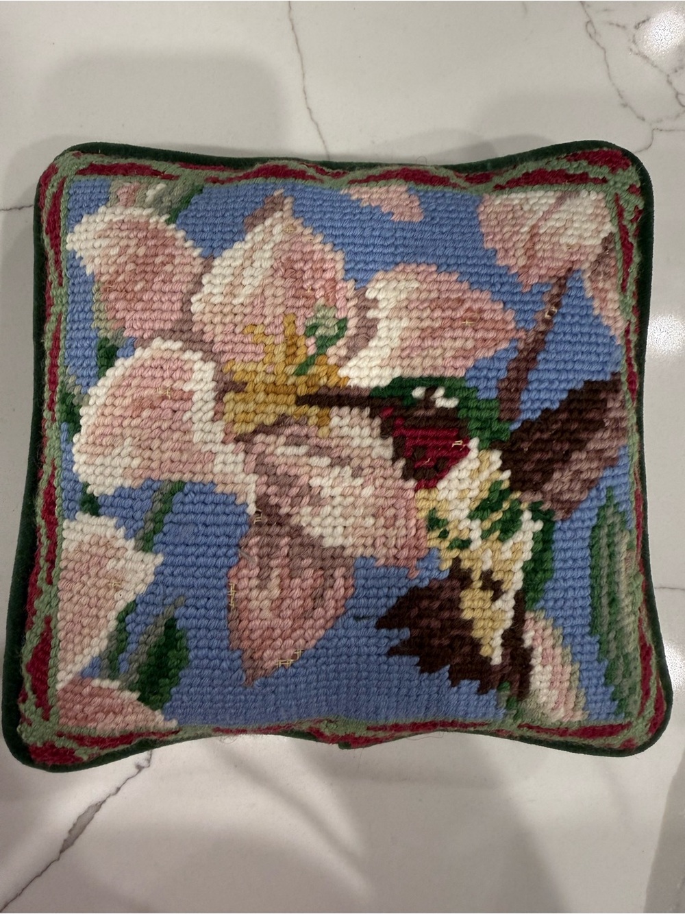 7x7 Small Needlepoint Throw Pillow Hummingbird and Flower & Green Velvet Back - Picture 1 of 5
